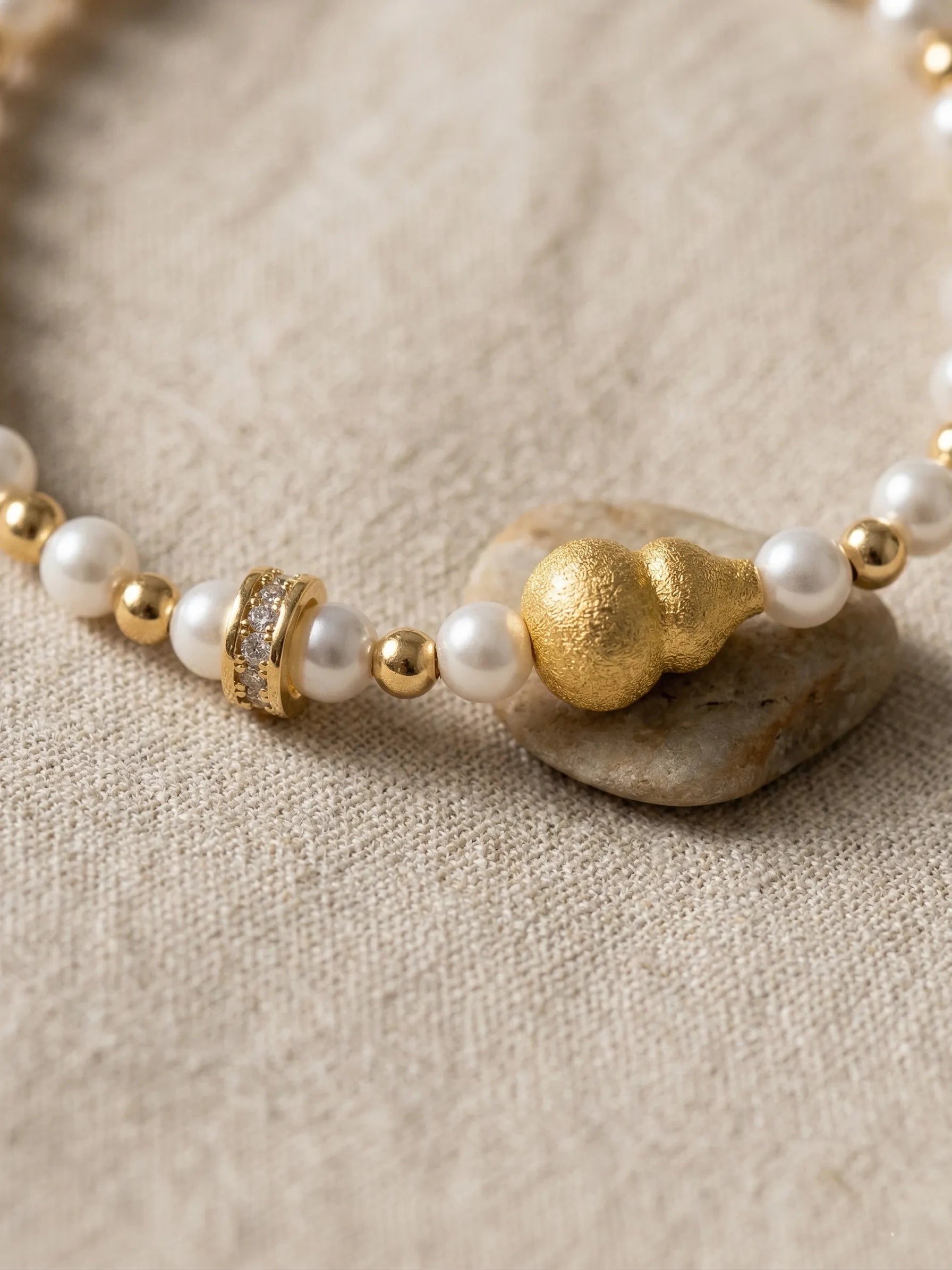24K Gold Plated Hu Lu (Gourd) & Pearl Bracelet | Feng Shui Health Amulet