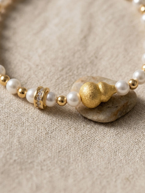 24K Gold Plated Hu Lu (Gourd) & Pearl Bracelet | Feng Shui Health Amulet
